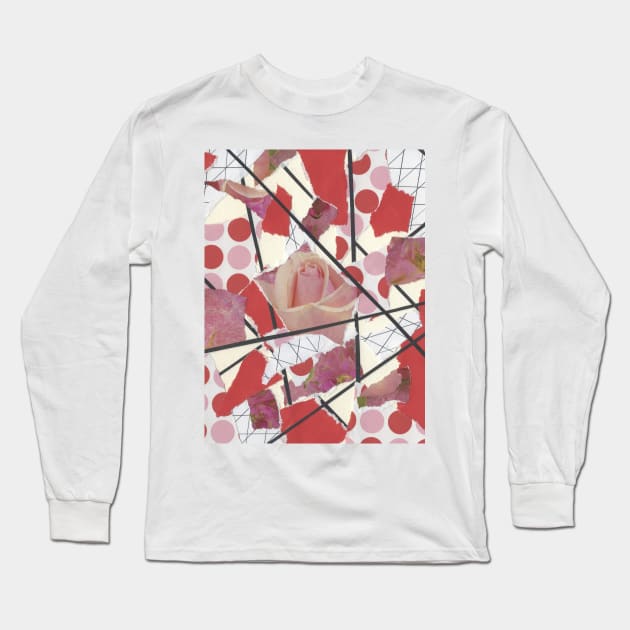 Polka Dots and Roses - Pink, Red, White, Black - Abstract Mixed Torn Paper Collage Long Sleeve T-Shirt by GenAumonier